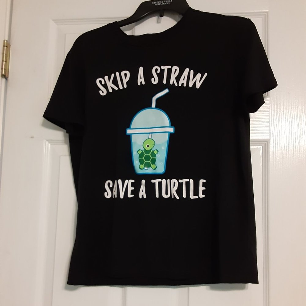 Women's Black Funny Vsco Skip a Straw Save a Turtle T-Shirt